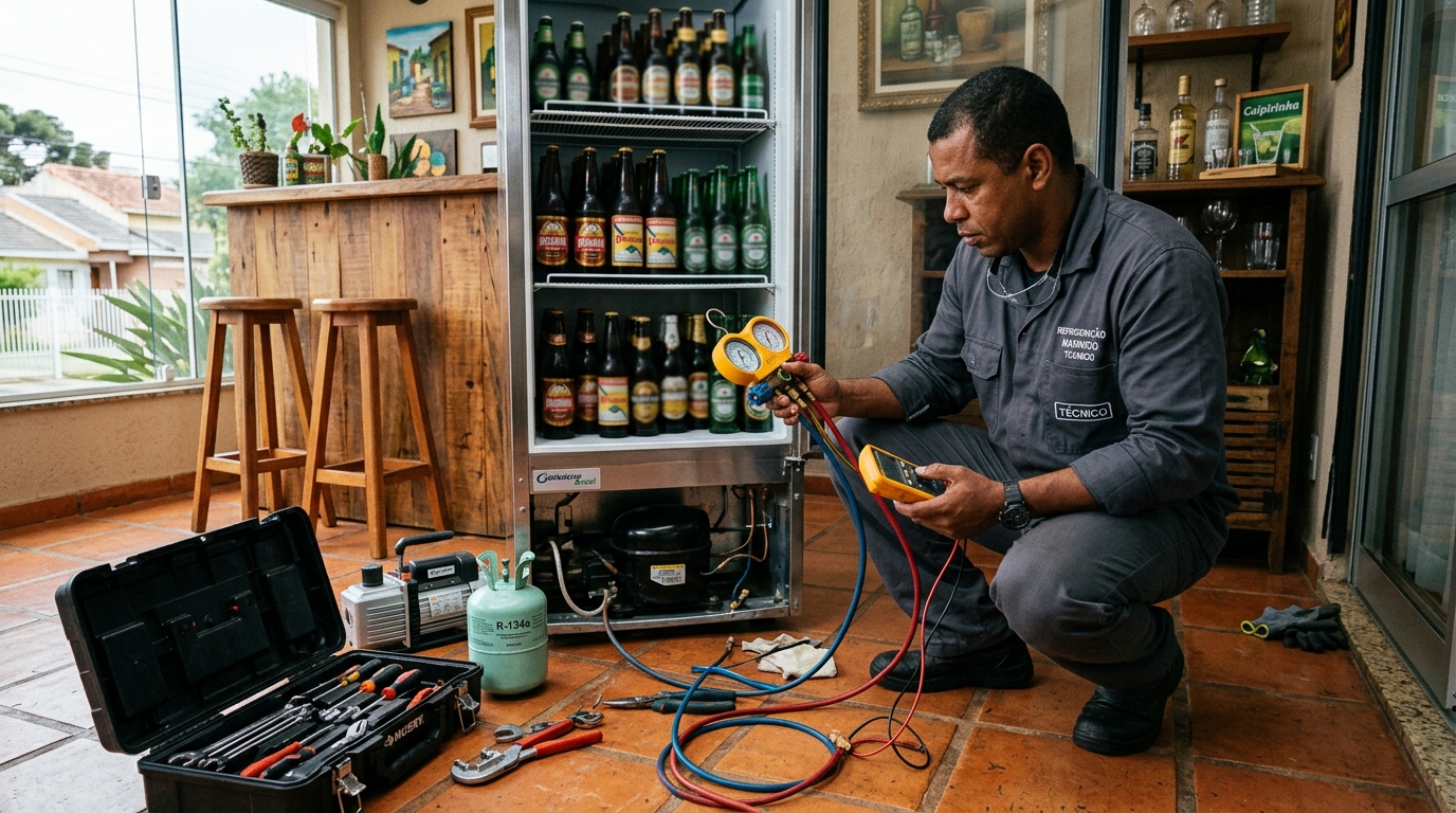 Técnico revisando o motor de uma cervejeira durante chamado em Brasília‑DF