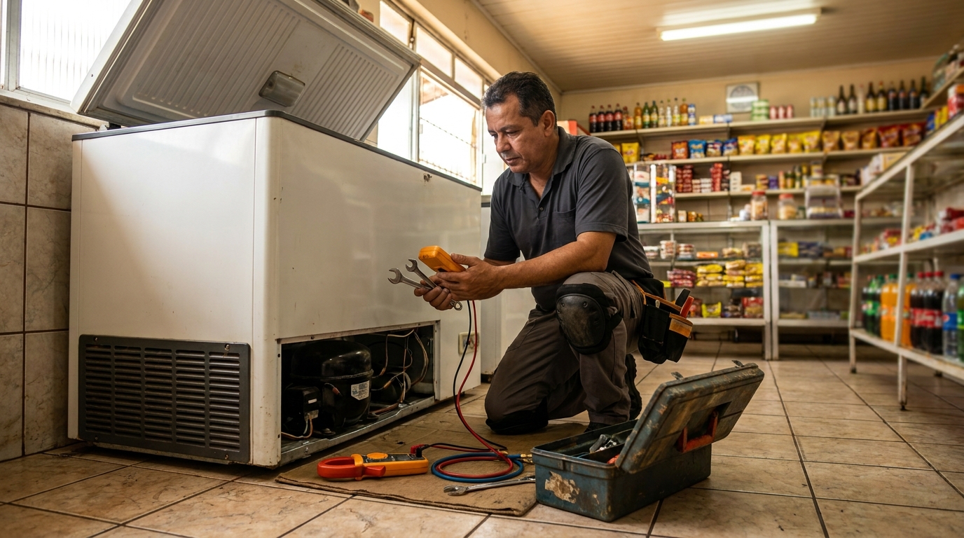 Técnico reparando o motor de um freezer horizontal em Brasília‑DF