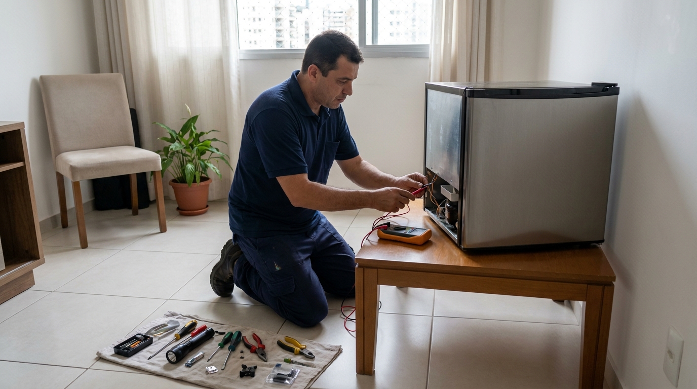 Técnico revisando o motor de um frigobar em Brasília‑DF