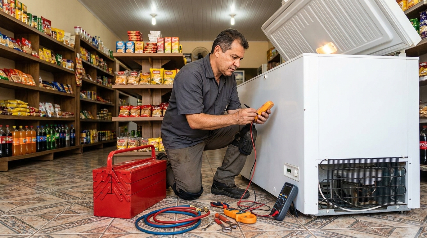 Manômetro conectado ao circuito durante recarga de gás de freezer em Brasília‑DF