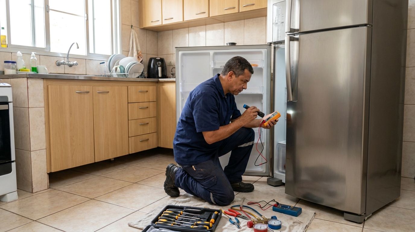 Técnico fazendo recarga de gás em geladeira de cliente no Itapoã, Brasília‑DF